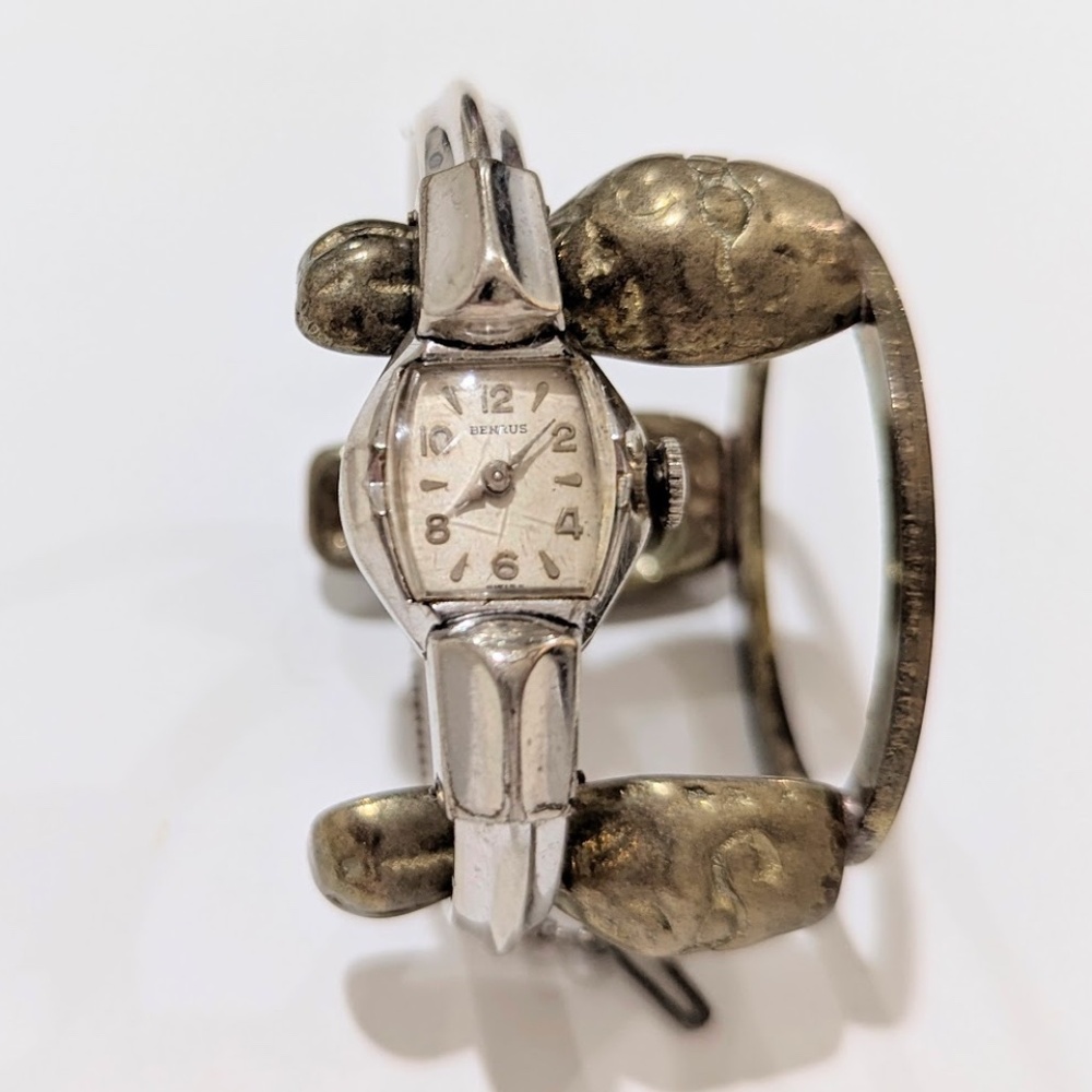 SOLD -- Vtg BENRUS Silver Ladies Wind-Up Wrist Watch Bracelet 10K Gold filled